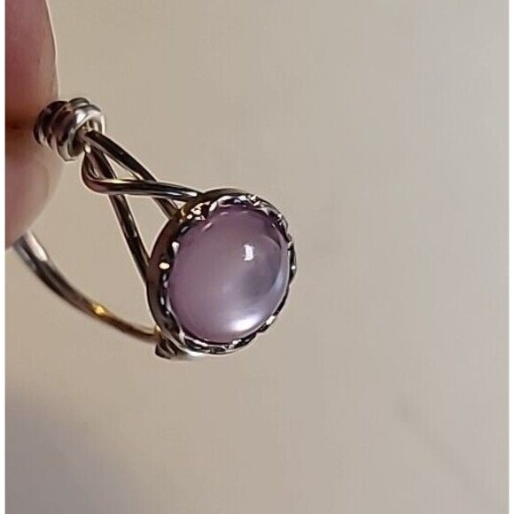 NEW Handmade Wire Wrapped Ring Silvertone Statement Pink Beaded  Size 6 - Picture 6 of 6